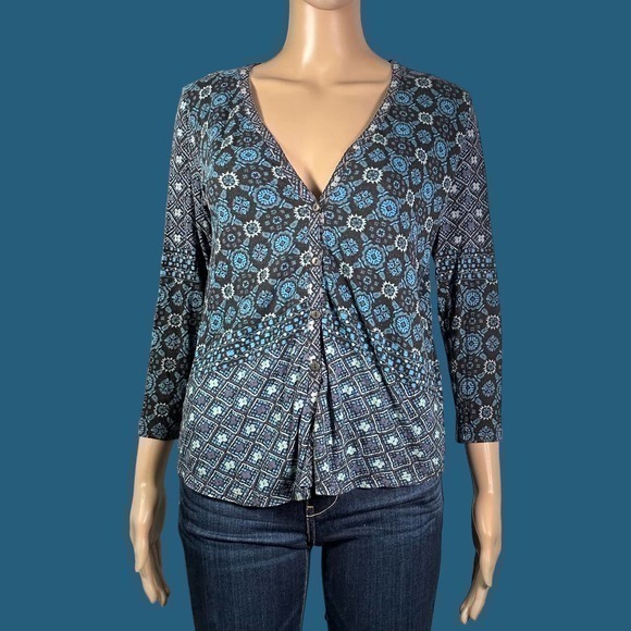 Lucky Brand Tops - LUCKY BRAND Blue Floral Print V-Neck Button Front Top Size Small - "Linnie"